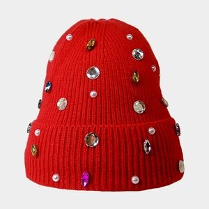 Red Pearl Crystal Style Winter Beanie Hat Fleece Statement Fashion Accessory